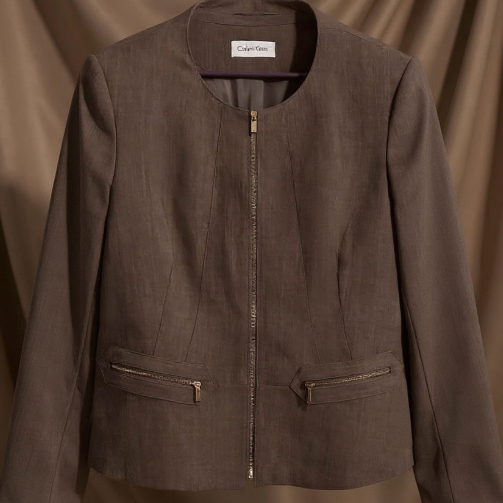 Calvin Klein Brown Zip-Front Collarless Blazer